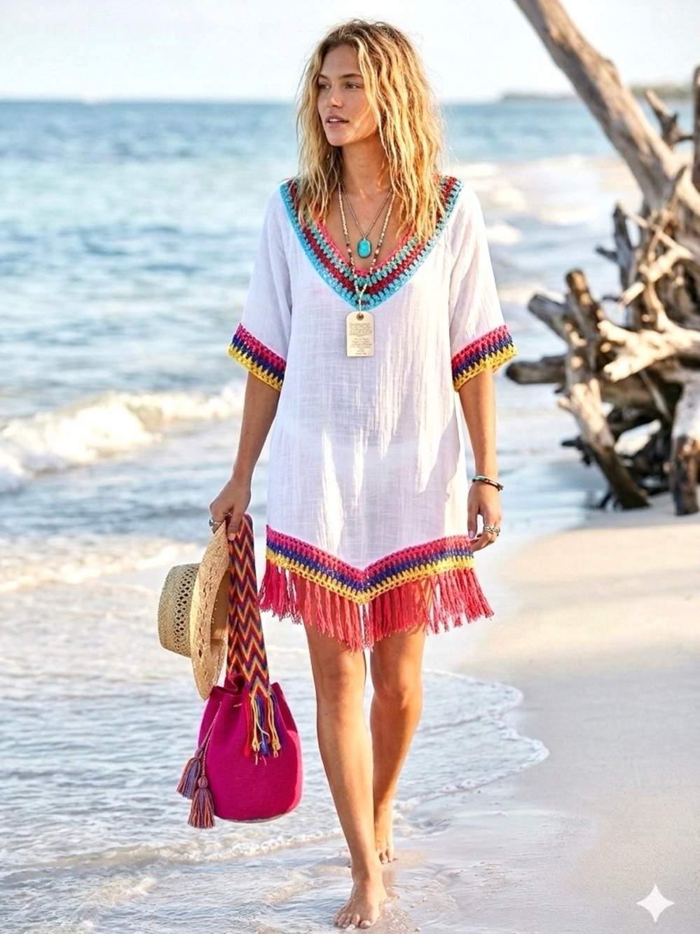 Granny fringe crochet boho tunic dress cover up w hippy Gypsy beach vibe